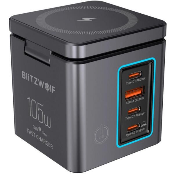 BlitzWolf BW-i113 GaN, USB-A, 3xUSB-C, 105 W-os hálózati töltő